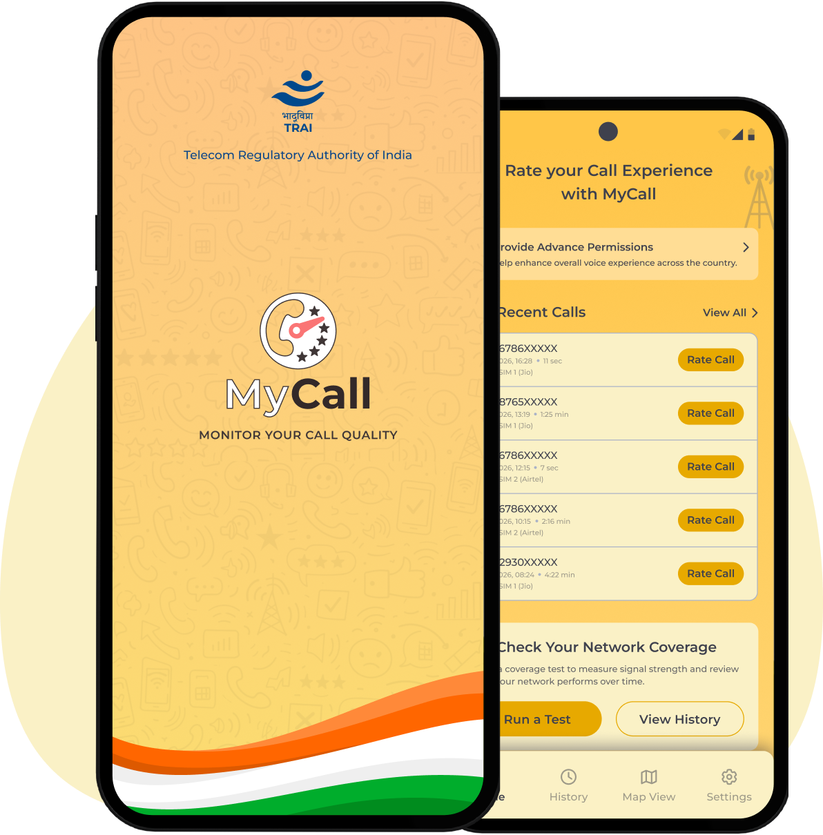 MyCall mobile app interface showing call rating and quality metrics
